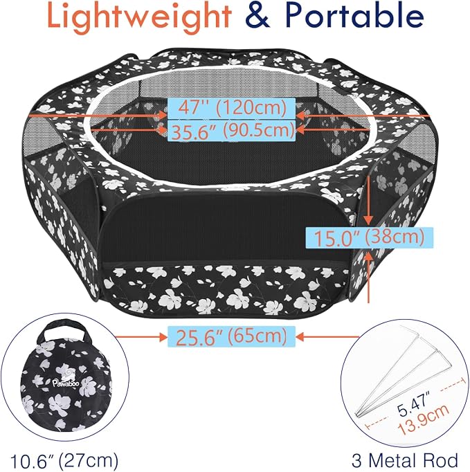 Pawaboo Small Animals Playpen, Waterproof Small Pet Cage Tent with Zippered Cover, Portable Outdoor Yard Fence with 3 Metal Rod for Chick/Kitten/Puppy/Guinea Pig/Rabbits/Hamster/Chinchillas, Magnolia