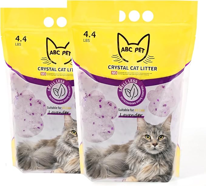 ABCPET Cat Litter Crystals No Clumping Odor Control Kitty Litter Non-Clumping No scooping Low Dust, Low Tracking, Dehydrates Waste Lavender - 8.6 lbs (2 x 4.3 lb Packs)
