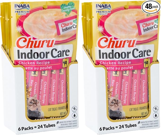 INABA Churu Indoor Care for Hairball Control, Functional Lickable Cat Treat with Taurine & Green Tea Extract, 0.5oz Each, Tubes, Chicken Recipe (Pack of 48)
