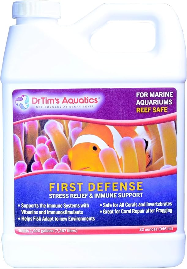 DrTim's Aquatics Reef First Defense Fish Stress Relief and Immune Support – For Reef, Nano, Sea Horse Fish Tanks, Aquariums – Revitalizes Natural Coat – Detoxifies Heavy Metals, Repairs Wounds – 32 Oz.