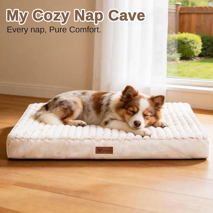 Orthopedic Dog Bed with Firm High-Density Egg Crate Foam, Machine Washable Cover & Non-Slip Bottom for Medium Breeds (Beige, 29" L x 18" W x 3" H)
