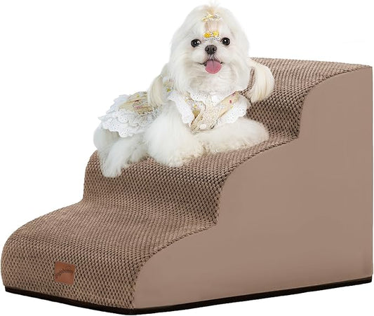 GoGoBunny Ramp Dog Stairs for Couch Sofa and Chair 15.7" H, 3-Step Pet Steps for Small Dogs and Cats, Non-Slip Waterproof Fabric Cover, Stable and Balanced Indoor Step, Pets Friendly, Camel