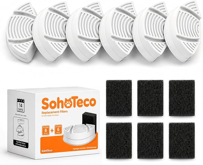 6 Pack Official Replacement Filters (2-Month Supply) for SohoTeco Stainless Steel Cat Water Fountain