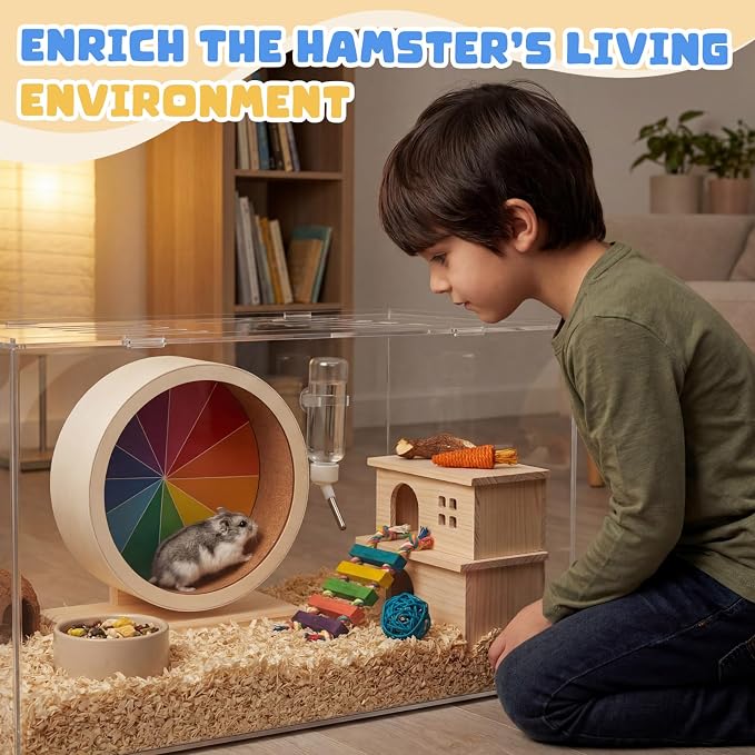 Geelin 7 Inch Hamster Wooden Silent Wheel, Rainbow Printed Small Animal Exercise Wheel, Quiet Spinner Hamster Running Wheels Prevent Depression Toys for Hamsters, Gerbils, Mice and Other Small Pets