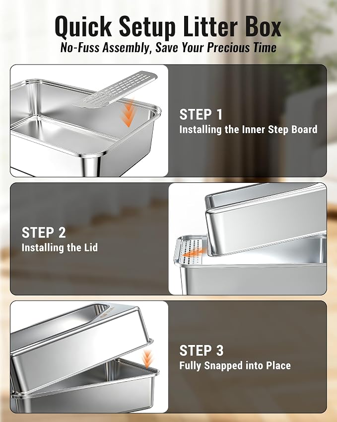 PETNF All Metal Cat Litter Box - All Stainless Steel Litter Box, Odor-Free Large Capacity with Included Litter Scoop, Leak-Proof High-Sided, Easy-to-Maintain for Big Cats & Multi-Cat Homes (1 Pack)