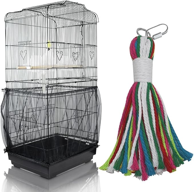 Bird Cage Seed Cather with Pet Bird Parrot Colorful Cotton Rope, Universal Adjustable Birdcage Cover Skirt Nylon Mesh Netting Parrot Parakeet Macaw African Round Square Cages Cover