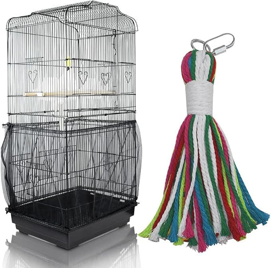 Bird Cage Seed Cather with Pet Bird Parrot Colorful Cotton Rope, Universal Adjustable Birdcage Cover Skirt Nylon Mesh Netting Parrot Parakeet Macaw African Round Square Cages Cover