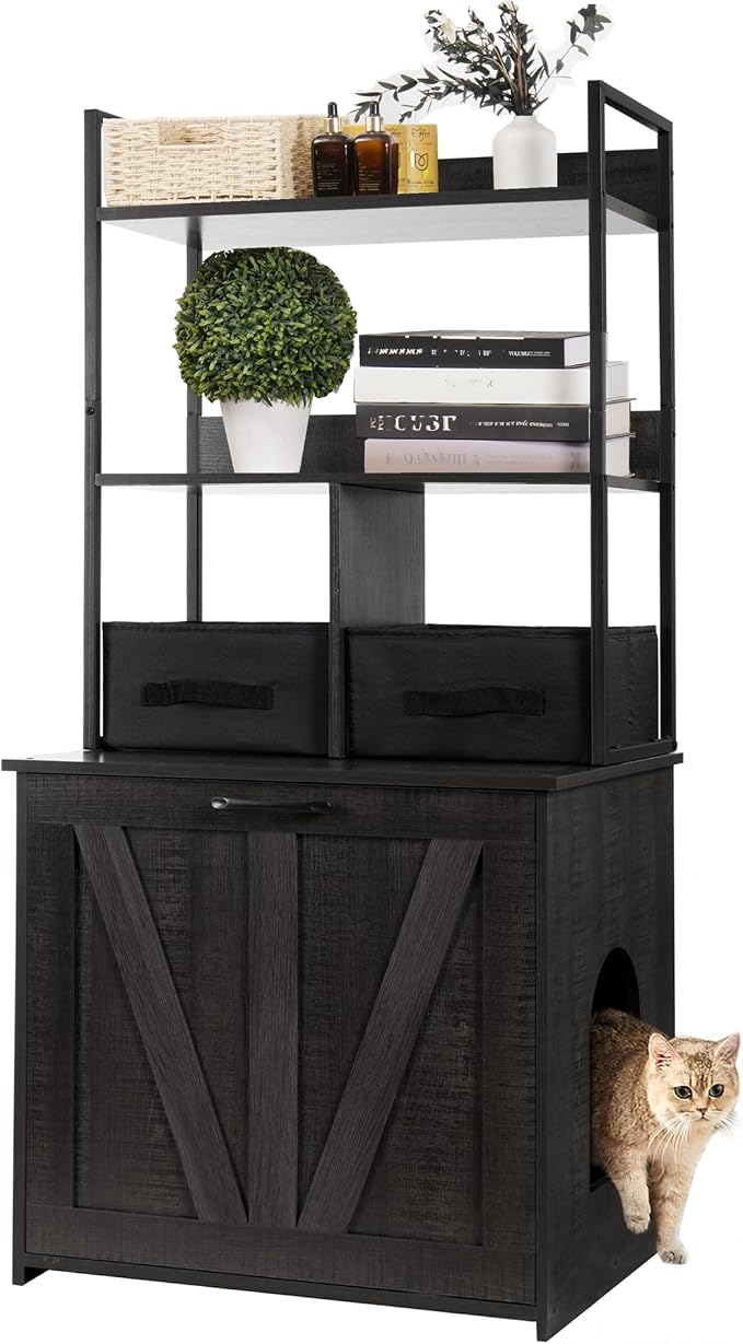 Dwanton Litter Box Enclosure with 2 Storage Shelves and 2 Drawers, 2-in-1 Hidden Cat Litter Box Enclosure Furniture with Shelf, Reversible Entrance, Washable Drawers, 50-Inch, Dark Grey