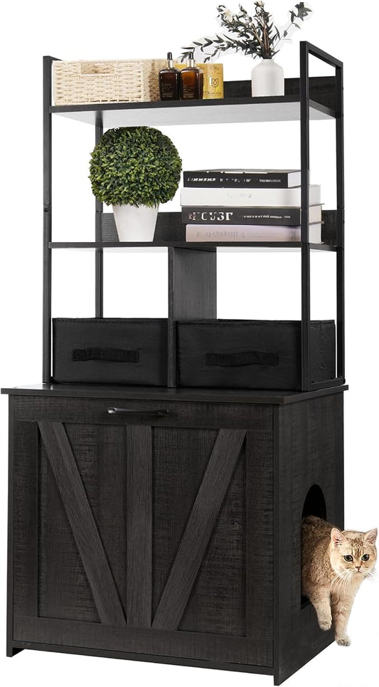 Dwanton Litter Box Enclosure with 2 Storage Shelves and 2 Drawers, 2-in-1 Hidden Cat Litter Box Enclosure Furniture with Shelf, Reversible Entrance, Washable Drawers, 50-Inch, Dark Grey