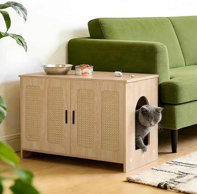 HOOBRO Farmhouse Cat Litter Box Enclosure, Hidden Litter Box Furniture with Side Entry & Vents, Litter Box Cabinet with Double Woven Doors, Side Table for Living Room, Bedroom, Natural NL33MW01