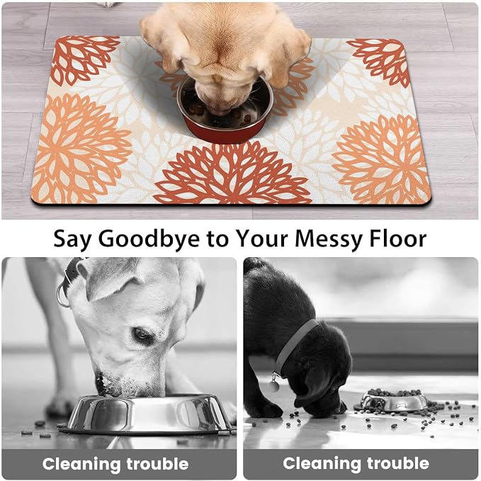 Dog Food Mats for Floors, Absorbent and Quick-Drying Pet Cat Food Mat,Anti-Fouling and Easy-to-Clean Pet Feeding Mat,Dog Bowl Mat for Messy Drinking Water Bowls.16x24, Bohemia Dahlia Floral Style