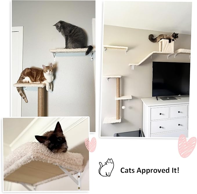 FUKUMARU Cat Wall Shelves, Stable & Safe 4 in 1 Cat Walls Furniture Set, Wooden Kitten Climbing Wall with Scratching Post for 16 Inch Drywall - Beige