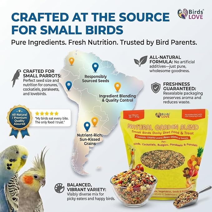 Birds LOVE Natural Garden Blend Bird Food for Small Birds, 4 lb - Hand Packed in USA, Natural Mix with Fruits, Seeds & Grains for Lovebirds, Cockatiels, Budgies & Parakeets