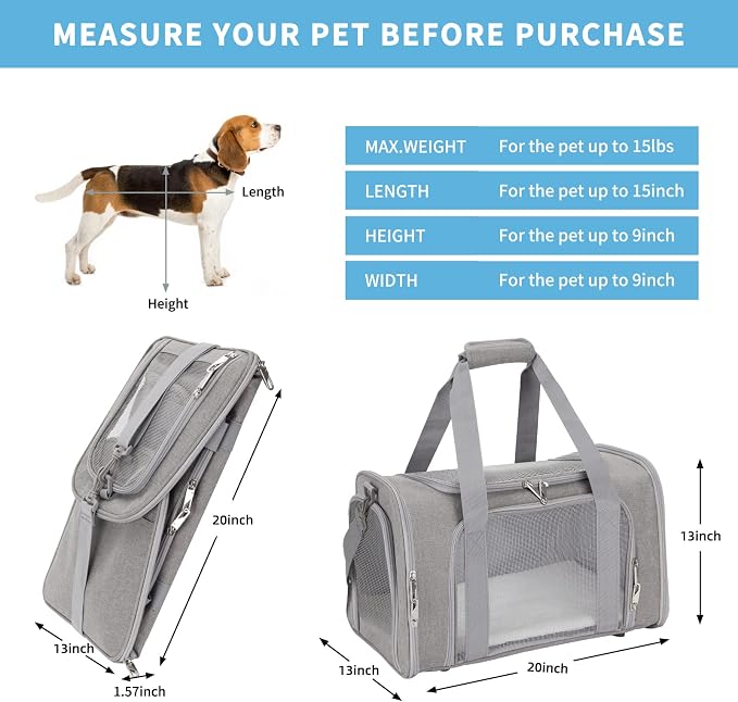 Pnimaund Large Pet Carrier, Soft Sided Cat Carriers for Large Cats Under 20 lbs, Soft Dog Carriers for Medium Dogs Small Dogs, Collapsible Cat Carrier for 2 Cats Travel Carrier - Grey