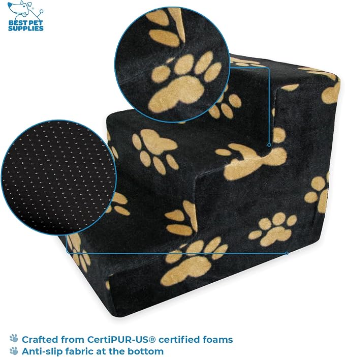 Best Pet Supplies Dog Stairs & Steps - Foam Steps for Small Dogs & Cats, Non-Slip Indoor Balanced Pet Step Support, Dog Ramp, No Assembly, Paw Print on Black, 3-Step (13.5-inch Height)