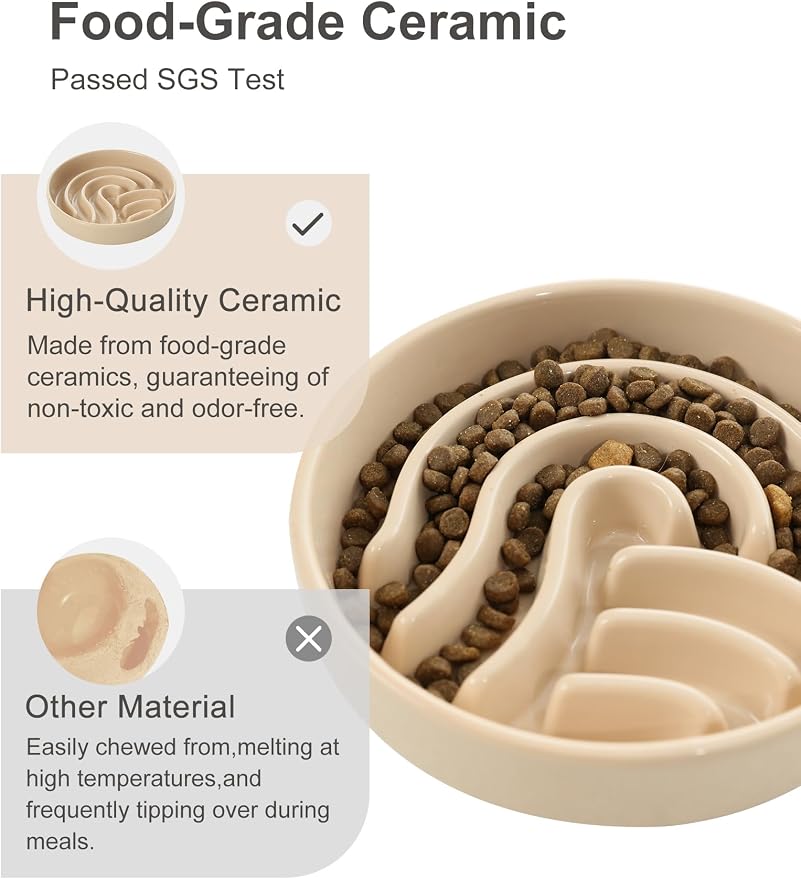 Ceramic Slow Feeder Dog Bowl, Maze Puzzle Non-Slip Silicone Base Stoneware Bowl for Small Medium Dogs, Heavy Duty Anti-Bloat Dog Food Bowl Dishwasher Safe – Apricot, Small