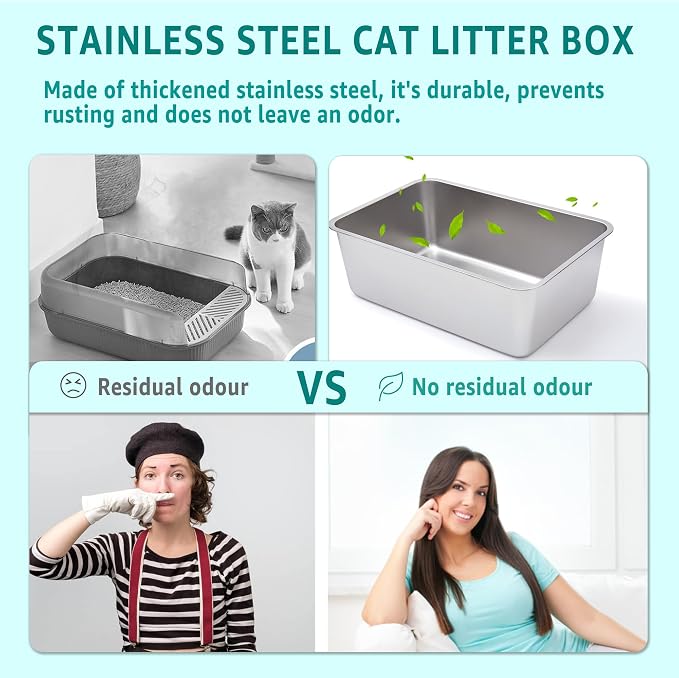 Stainless Steel Litter Box, 4IN Deep Cat Litter for Small Cats, Metal Litter Box Low Sided, No Smell, Non Stick, Easy Clean, Odor Proof, Indoor Outdoor