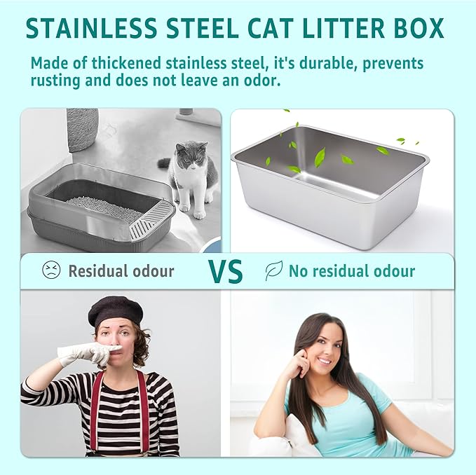 Stainless Steel Litter Box 2 Pack，Metal Litter Box,Cat Litterbox | Easy to Clean，Supplies for Kitten, Kitty, Medium Cat，Rabbit, 6" High Side Stainless Steel LitterBox, No Smell