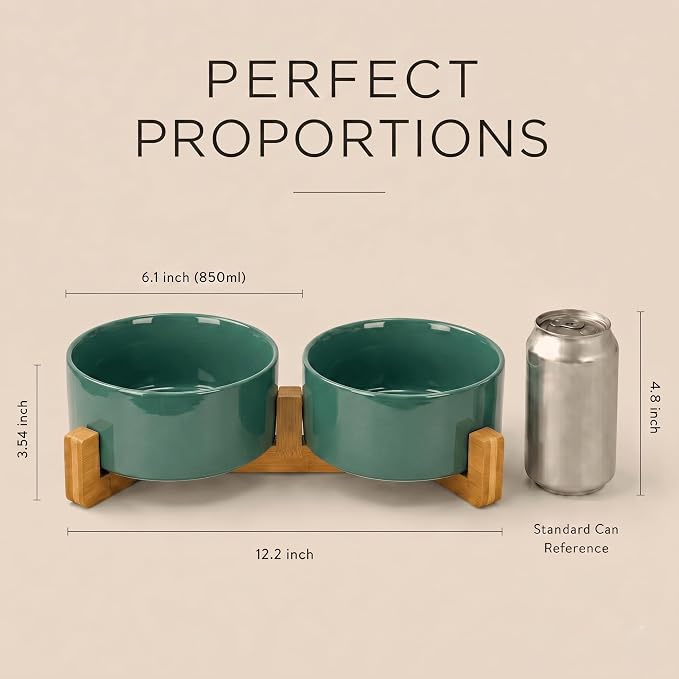SPUNKYJUNKY Ceramic Dog and Cat Bowl Set with Wooden Stand, Modern Cute Weighted Food Water Set for Small Size Dogs (13.5OZ) & Medium Sized Dogs (28.7OZ) & Cats (3.6 Cups, 2 × Light Green)