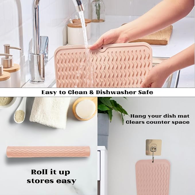 ZLR 4-in-1 Silicone Mat 12" x 12" / 305 x 306mm Square - Dish Drying Mat, Air Fryer Mat, Coffee Maker Pad & Heat Resistant Trivet (up to 450°F) - Non-Slip Food-Grade BPA-Free (Peach Pink)