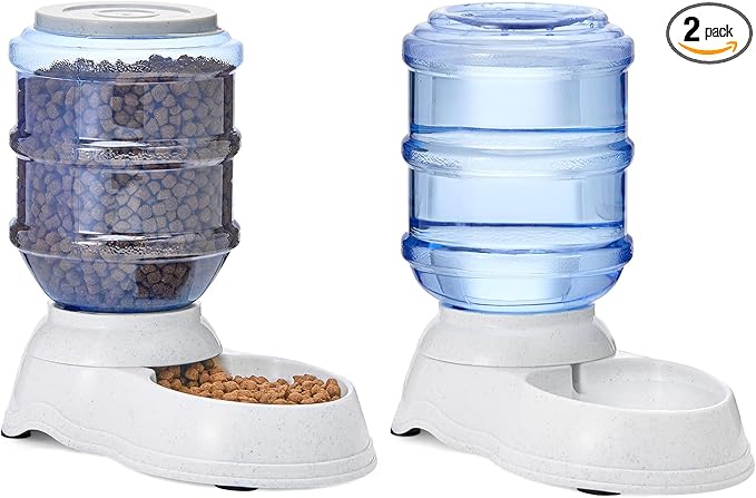 Amazon Basics Large Capacity Automatic Pet Water Dispenser and Gravity Feeder Set, Easy to Clean, 456.6fl.oz Food, 382.1fl.oz Water, Gray
