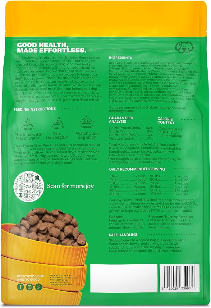 Get Joy Freeze-Dried Meal and Treats Bundle, Endurance 100% Beef Heart Dog Treats, 4 Ounce, and Gut Health Fresh Freeze Dried Raw Meal Dog Food, Beef Recipe, 32 Ounce