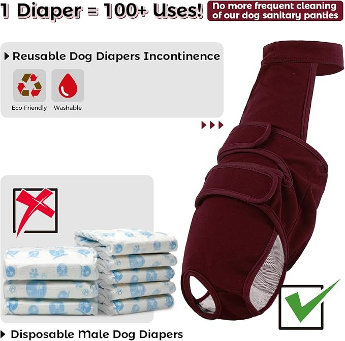 QBLEEV Female Dog Diapers with Adjustable Suspenders – Washable Sanitary Panties for Dogs in Heat or Incontinence, Escape-Proof Reusable Pet Period Underwear Onesie for Small to Large Breeds