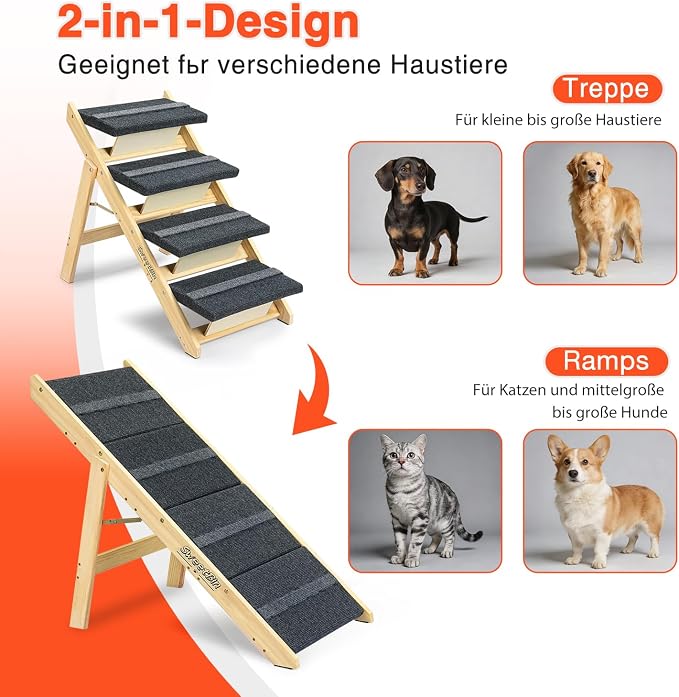 Wooden Dog Stairs& Dog Steps, 2-in-1 Foldable Dog Steps for High Beds, Couch and Cars, Anti-Slip Pet Ramp with 4 Steps Indoor Pet Stairs for Small Medium Large Older Pet Cats up to 150lbs