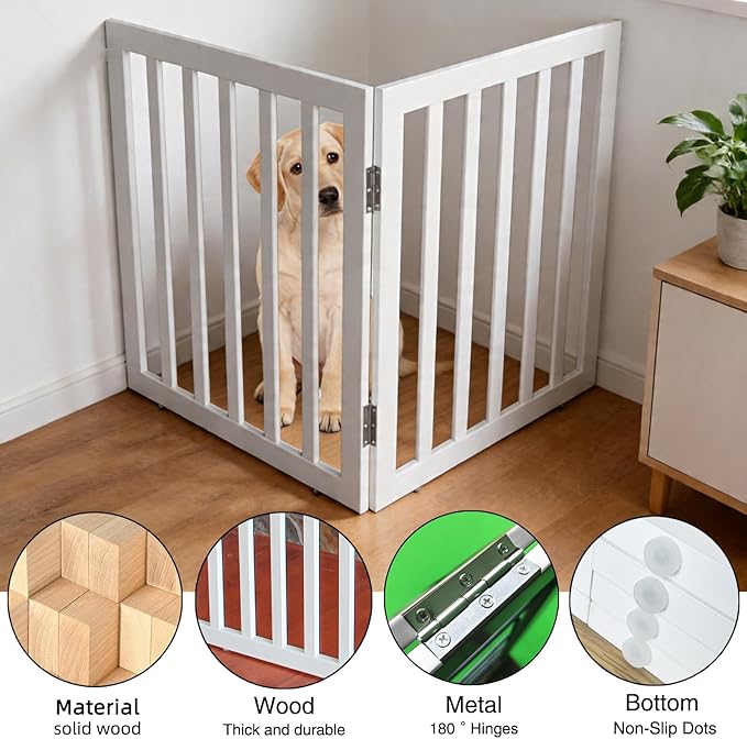 Dog Gate Indoor, Freestanding Dog Fence for The House, Doorways, Hallways,or Stairs,Pet Gate Foldable Wooden,Expandable 24" Height 2 Panels,White