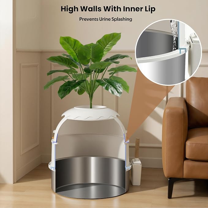 Hidden Litter Box, Stainless Steel Litter Box with Faux Plant Decor, Litter Box Enclosure with Clear Front Door, Includes Scoop & Litter Mat, Odor Control, Easy to Clean (White)