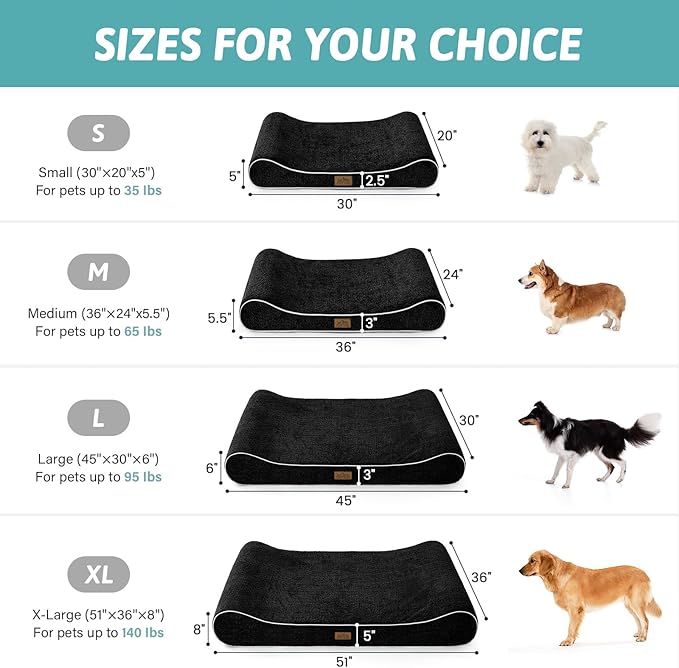 COZY KISS Orthopedic Dog Bed for Medium Dogs up to 65 lbs - Removable Washable Cover with Waterproof Lining & Non-Skid Bottom, Cotton-Polyester Blend Boat-Shaped Lounger Mattress, M(36x24x5.5in)/Black