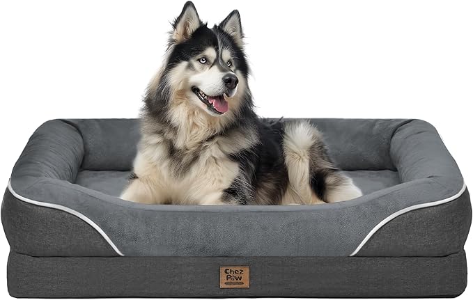 Chez Paw XXL Orthopedic Dog Bed for Extra Large Dogs, Extra Thick Egg-Crate Foam Waterproof Pet Couch with Removable Washable Cover, 4-Sided Bolster & Non-Slip Bottom, Grey 45"x35"x7.5"