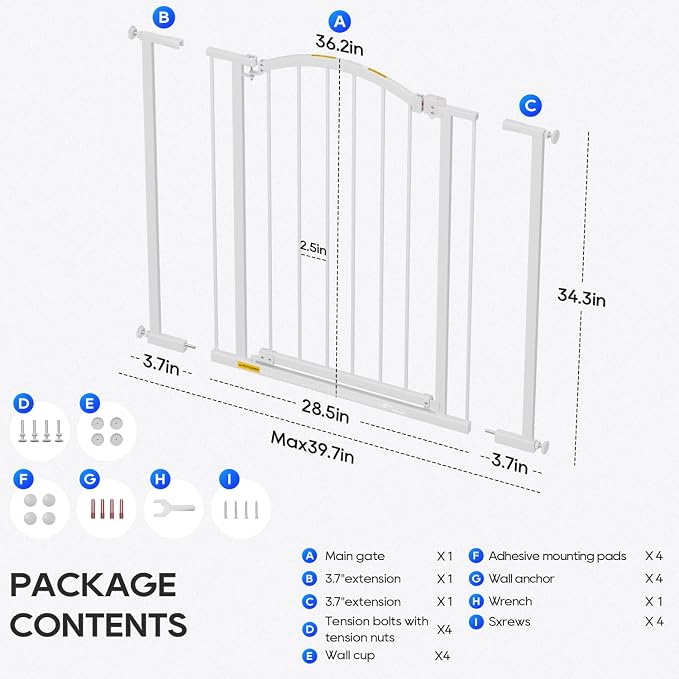 FDW 36” Tall Adjustable Arched Pet Gate, Extra Wide Walk-Through Metal Safety Gate for Stairs & Doorways, Fits 28.5”-39.7” Openings, White