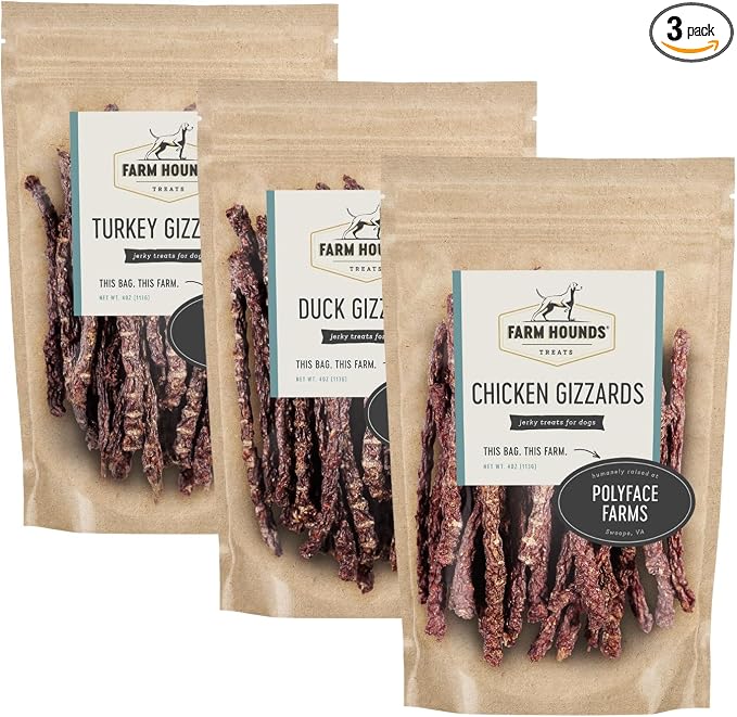 Farm Hounds - Bundle Gizzards - Premium Chicken, Duck, & Turkey Jerky for Dogs - from 100% Humanely Raised - Break-to-Size - Great for Training & Treats - No Added Fillers - Made in USA - 3 Pack