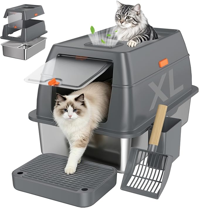 Extra Large Stainless Steel Litter Box with Lid, High Sided Enclosed Metal Cat Litter Pan, Dog Proof Front Entry Top Exit, Odor Control Easy Clean Leak Proof, Includes Scoop & Step, Grey
