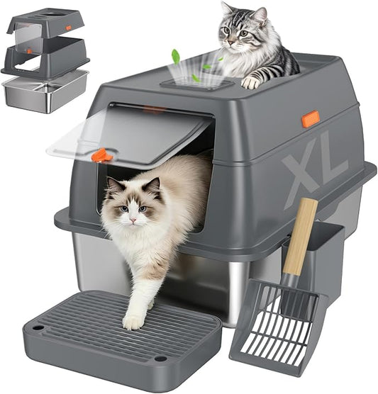 Extra Large Stainless Steel Litter Box with Lid, High Sided Enclosed Metal Cat Litter Pan, Dog Proof Front Entry Top Exit, Odor Control Easy Clean Leak Proof, Includes Scoop & Step, Grey