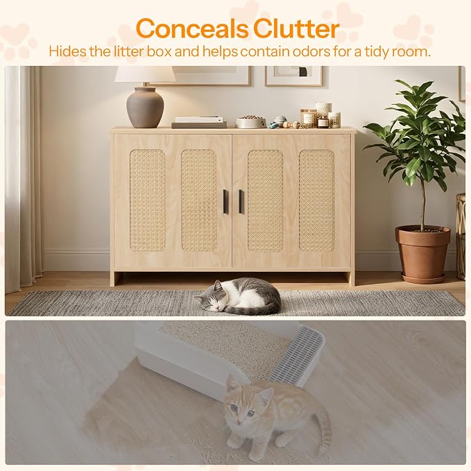 HOOBRO Farmhouse Cat Litter Box Enclosure, Hidden Litter Box Furniture with Side Entry & Vents, Litter Box Cabinet with Double Woven Doors, Side Table for Living Room, Bedroom, Natural NL33MW01