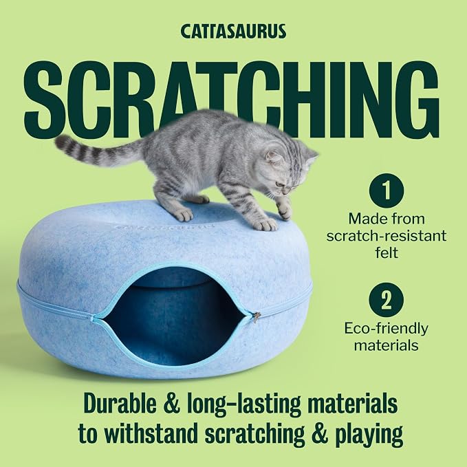Cattasaurus Peekaboo Cat Cave Donut for Multiple & Large Cats up to 30-45 lbs, 3-in-1 Self Warming Cat Bed, Tunnel & Scratcher for Indoor Cats, Washable & Detachable Small Dog Bed (Blue, Large)