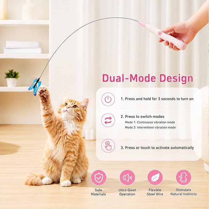 Electric Butterfly Cat Wand for Indoor Cats, 360 Spinning Self-Play with 2 Modes & Tap-to-Awake, Rechargeable Cleanable Suction Base, 3 Butterfly Refills, Interactive Cat Toy (A-Pink)