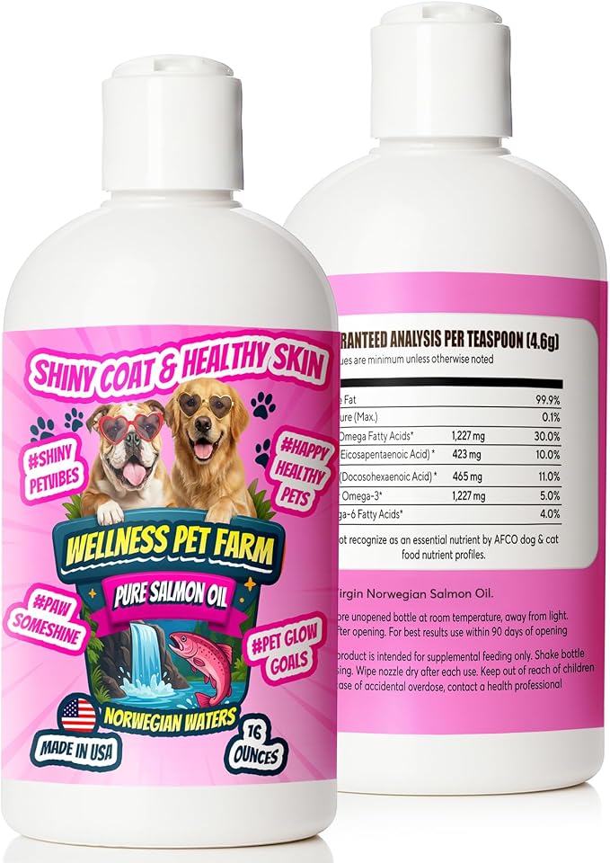 Pure Salmon Oil for Dogs – Omega 3 & 6 Supplement for Shiny Coat, Healthy Skin, Joint & Immune Support, All Breeds, 16 oz
