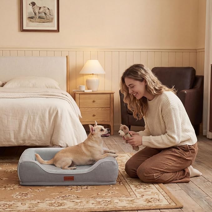 Orthopedic Dog Bed for Small Dogs,Cooling Gel Memory Foam Pet Bed with Removable Waterproof Cover,Puppy Couch Bed Washable for Joint Pain Relief,Grey,24"x18"x6"