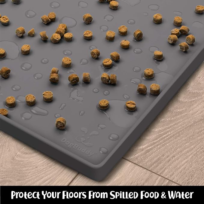 DogBuddy Dog Food Mat – Waterproof Dog Bowl Mat for Food and Water, Silicone Pet Feeding Mats For Floors, Non-Slip Placemat with High Edges For Dogs Bowls, Puppy Essentials (XL: 28" x 18", Shadow)