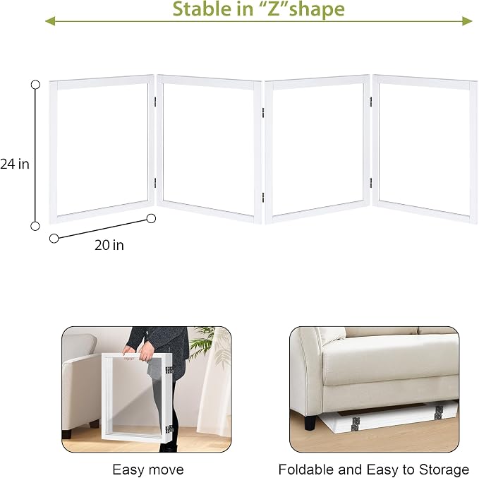 LZRS Extra-Wide Clear Dog Gate for Indoor Use - Transparent Pet Fence with Solid Hardwood and Plastic Board, Stylish & Durable freestanding Pet Gate for Doorways, Stairs and Hallways-4 Panel White