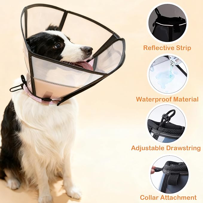Soft Dog Cone, Stop Licking Deep Pet Recovery Collar After Surgery for Large Medium Dogs, Clear Plastic Breathable Elizabethan Head Neck Circle, Adjustable Comfortable Cones 12" Long (LL Black)