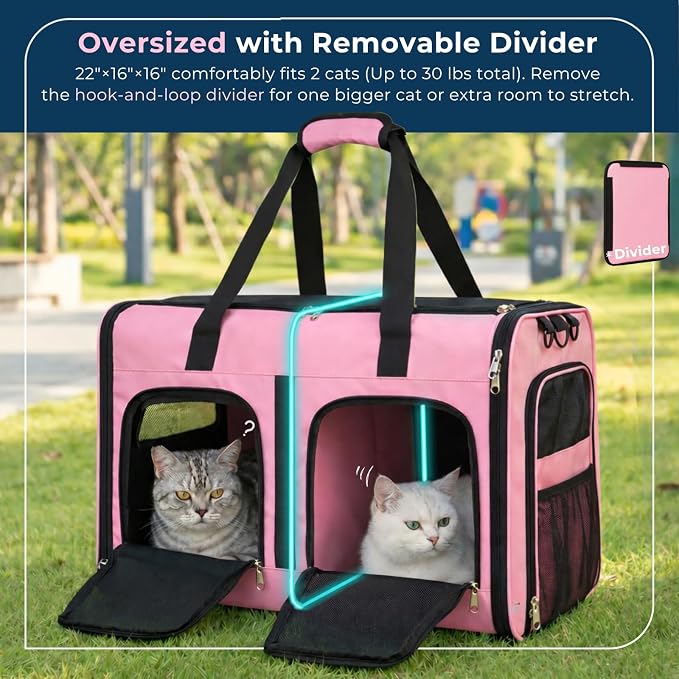 Extra Large 3-in-1 Cat Carrier for 2 Cats, with Removable Divider, Superior Ventilation, Portable Soft Sided Double Cat Carrier Large, Hair Removal Glove, 2*Bowl, Extra Side Storage Bag Included