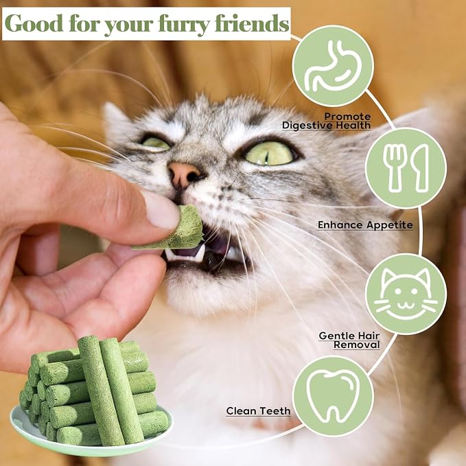 30g Cat Grass Sticks, Freeze Dried Cats Grass Teething Stick, Edible Cat Chew Toy for Teeth Cleaning Dental Health and Hairball Removal