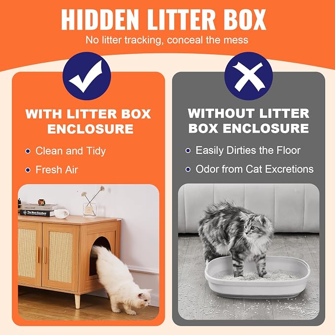 VEVOR Cat Litter Box Enclosure for 2 Cats, Litter Box Furniture Hidden with Double Rooms, Wooden Cat Box Cabinet Fit Most of Litter Box