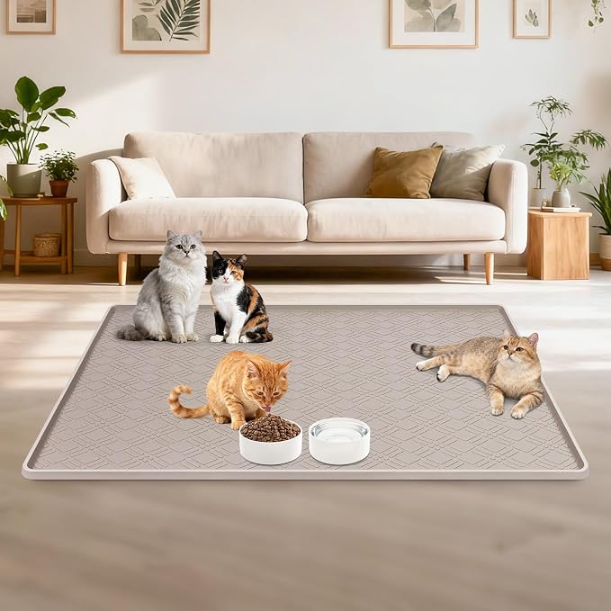 Cat Food Mat, 42" x 29" Large Silicone Mat Cat Feeding Mat with Raised Edge Non-Slip Pet Feeding Mat for Food and Water Bowl, Easy to Clean, Floor Protection (Beige)