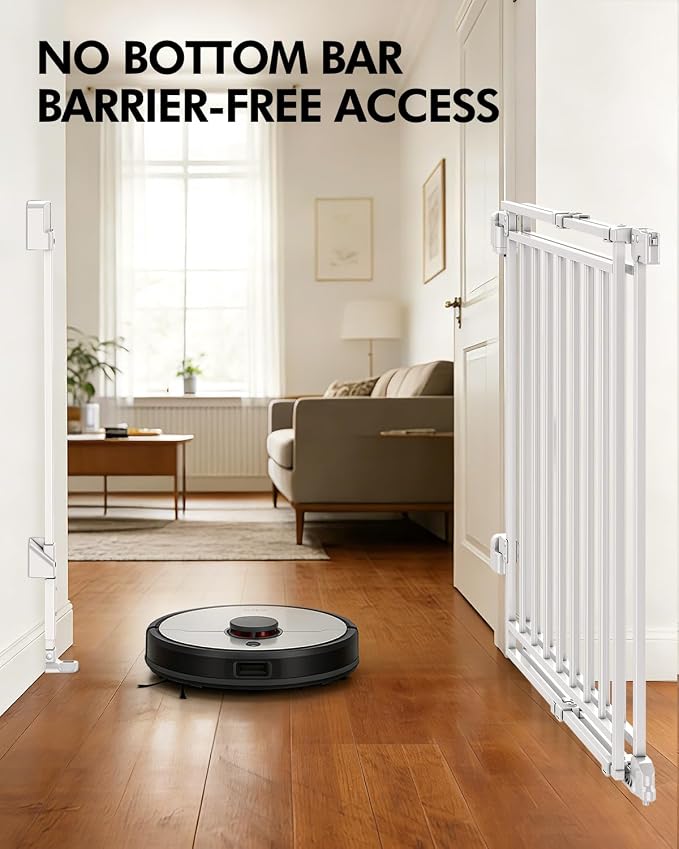 Baby Gate for Stairs, Doorways & Hallways with Auto Close – 26.4"-43" W x 39" H, Extra-Wide Walk Thru and No Bottom Bar for Easy Access, Adjustable Safety Gate for Dogs & Toddlers, White