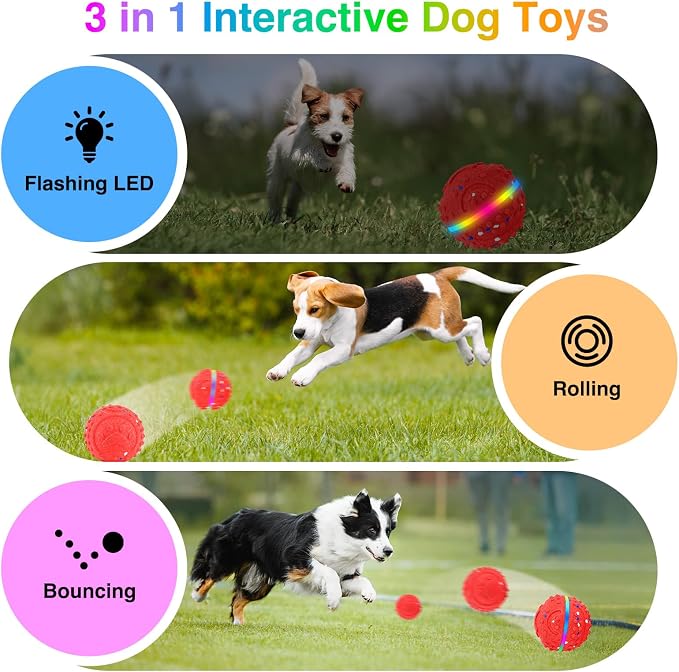 Interactive Dog Toys, Waterproof Smart Dog Ball, Rechargeable Moving Bouncing Dogs Ball with RGB Lights, 3 in 1 Play Modes Keeps Dogs Busy, E-TPU Material for Small Medium Dogs